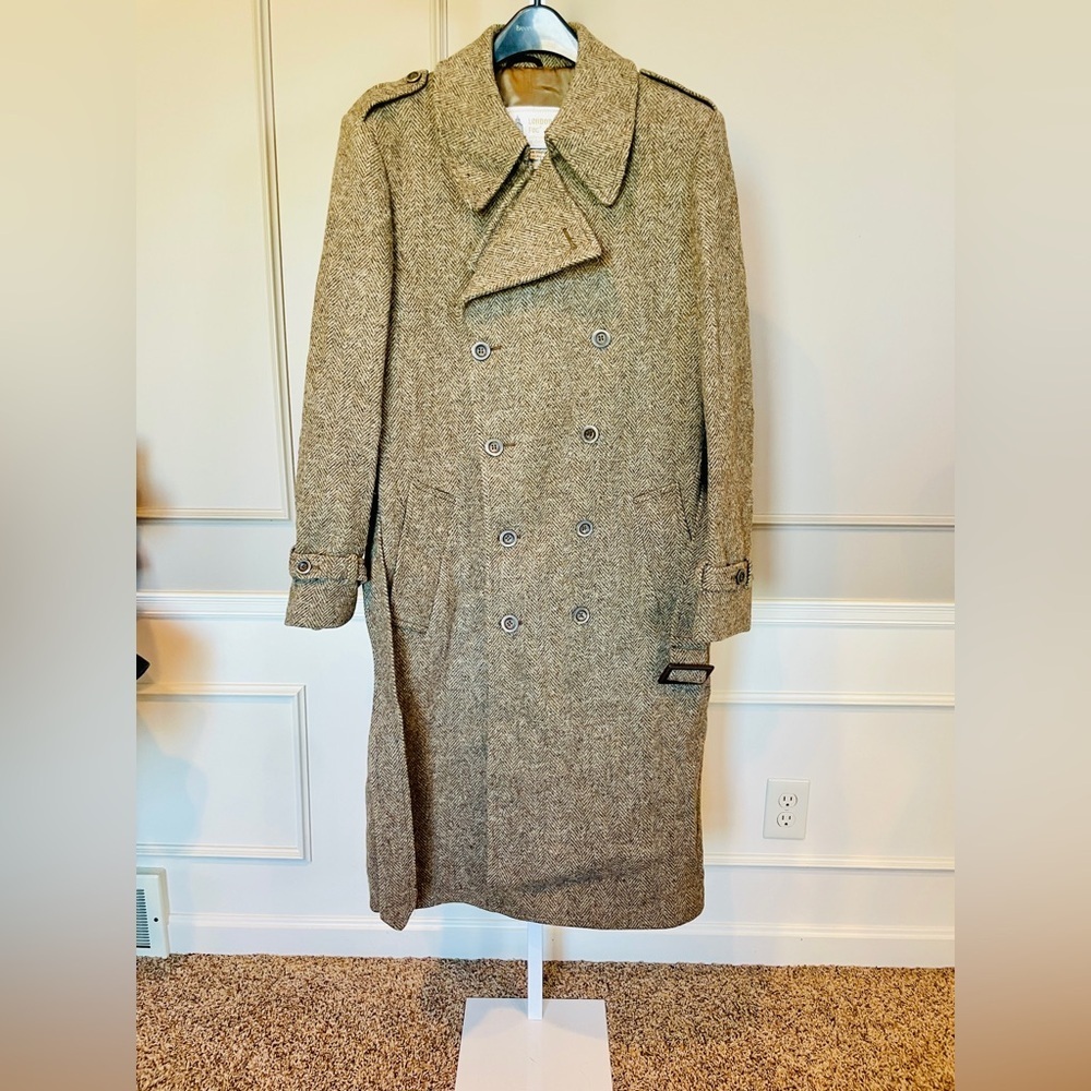 London Fog Men's Donegal Tweed Herringbone 42 Long Wool Trench Overcoat Belted